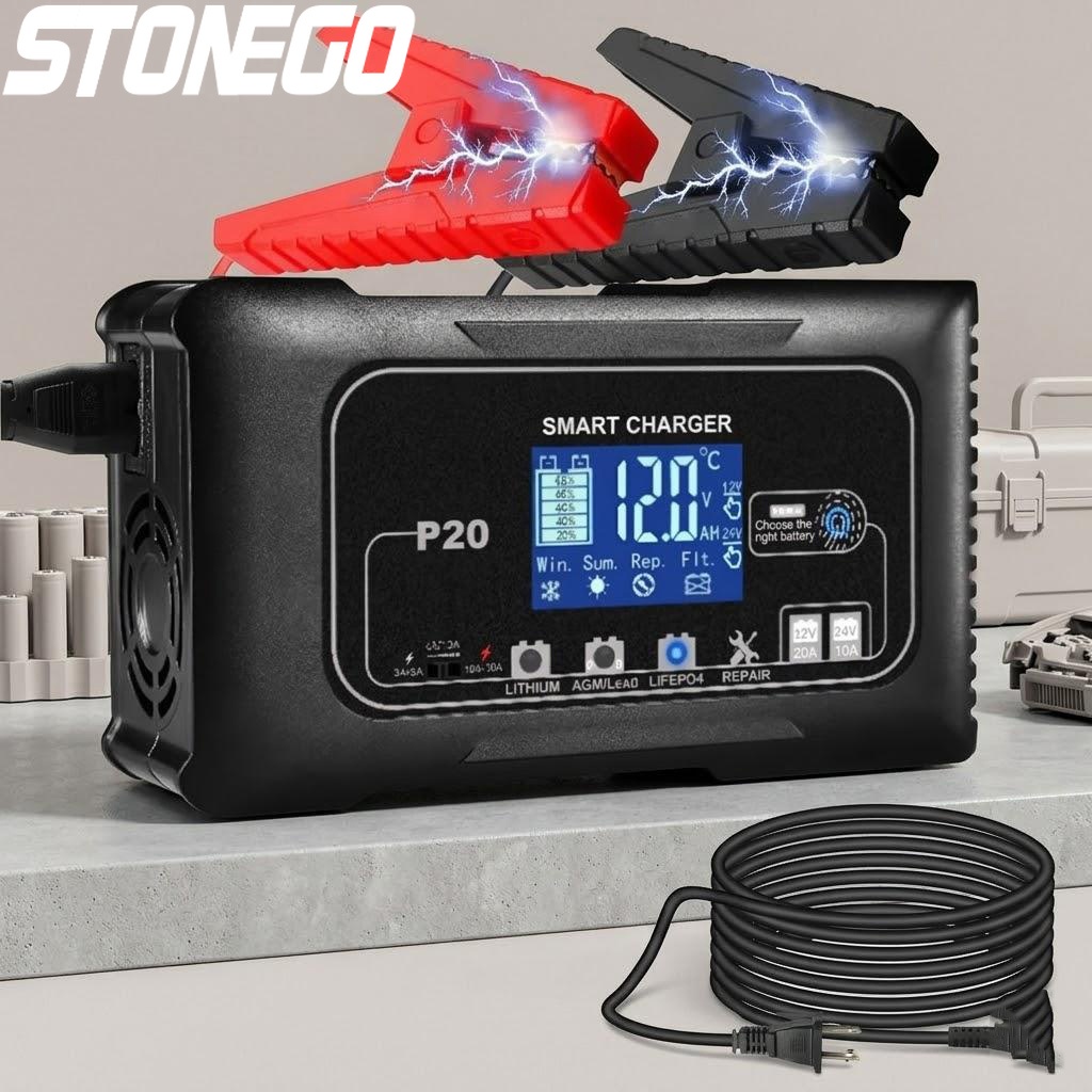 Smart Car Battery Charger 12V 24V 20A - Carregador e Mantenedor de Bateria Inteligente